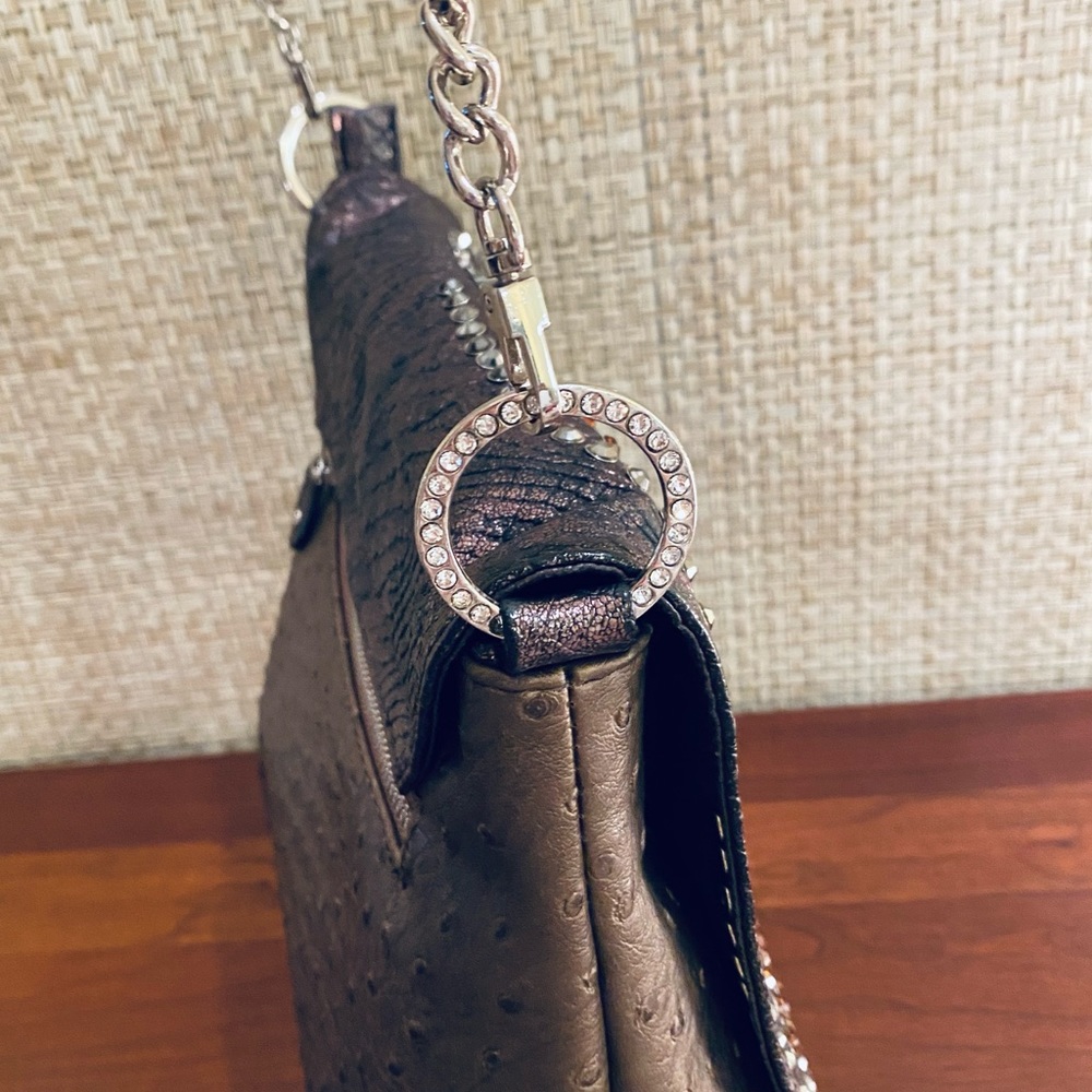 🌟HP🌟EUC Blue Elegance Studded Chrystal Taupe Faux Ostrich Shoulder Bag - Picture 8 of 16